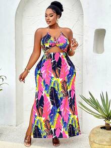 Plus Size Summer Metal Chain Twisted Waist-Revealing High-Slit Printed Dress Boho Bohemian Vacation - Color - View 6