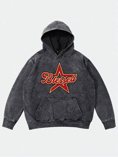  Shwiy 男士水洗复古长袖连帽夹克，带星星和字母印花口袋