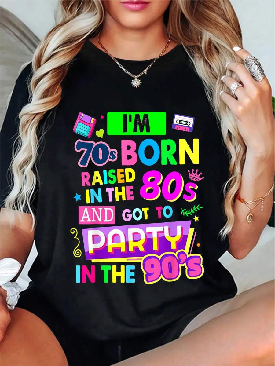 90s Rave Ideas For Women & Party Outfit 90s Festival Costume T-Shirt Round Neck Short Sleeve T-Shirt Women's Men's Graphic Tee - màu đen - Xem 1