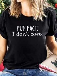 'Fun Fact: I Don't Care'printed Women's T-Shirt, Casual Short Sleeves, Crewneck, Soft And Comfortable Top - 黑色 - 查看 1