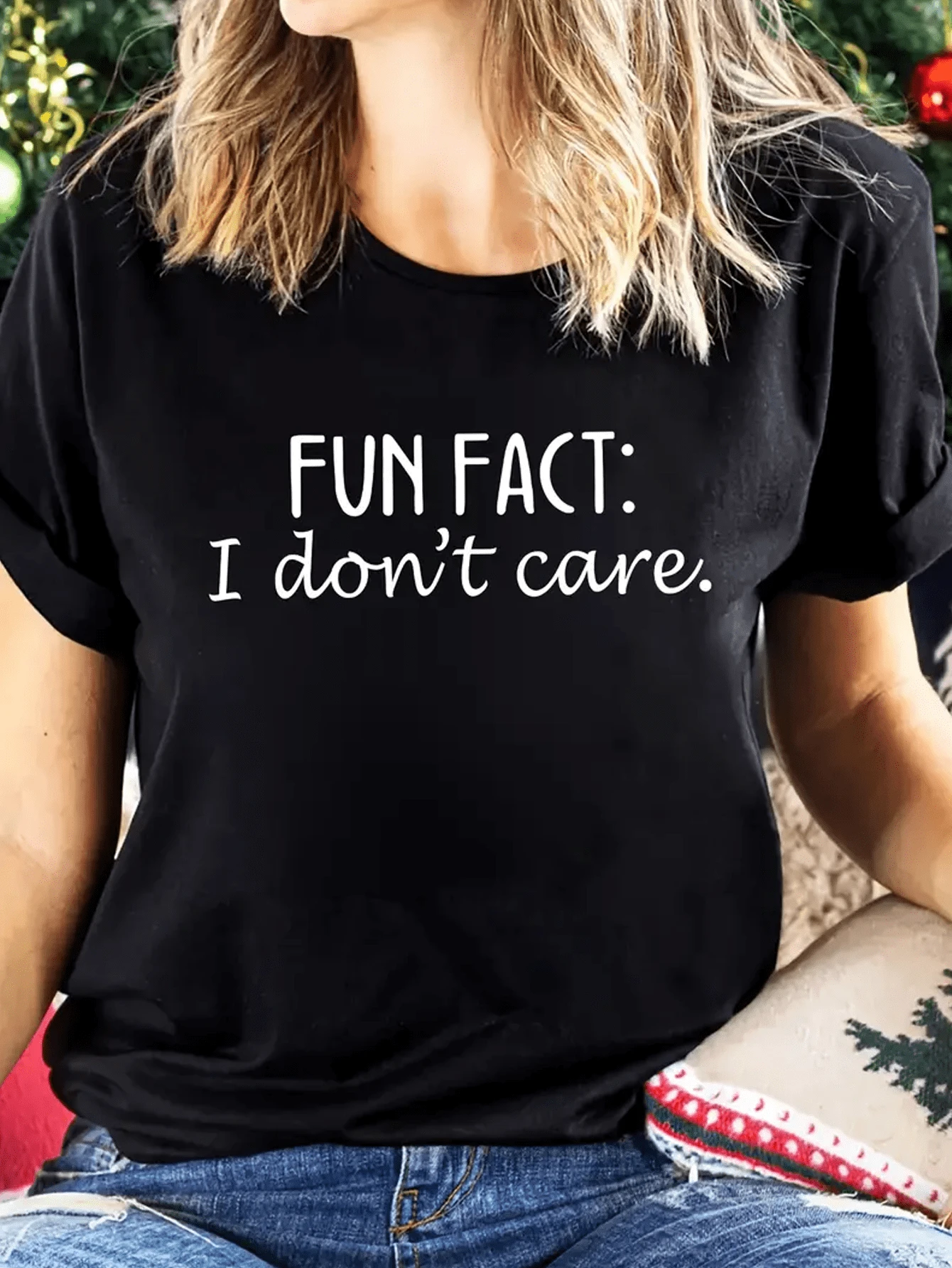 'Fun Fact: I Don't Care'printed Women's T-Shirt, Casual Short Sleeves, Crewneck, Soft And Comfortable Top - 黑色 - 查看 1