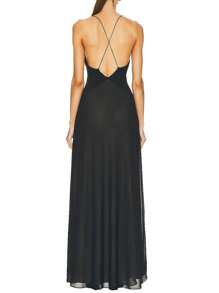 Womens Summer Long Evening Dress Sleeveless Deep V Neck Flower Decor Party Dress - 黑色 - 查看 5