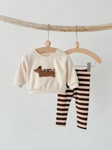 女婴两件套可爱腊肠犬刺绣长袖连帽衫 + 长裤，春夏