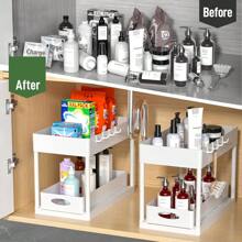 GROWSUN-2 Pack Under Sink Organizer, Bathroom Cabinet Organizer, 2 Tier Sliding Cabinet Basket Organizer Drawer, Multi-Purpose Bath Collection Baskets For Bathroom Under Counter Storage Organizer With 8 Hooks, Utility Racks - White - View 7
