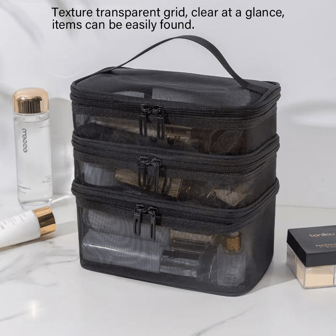 1 pezzo Borsa per il trucco a 3 strati, borsa da toilette portatile di grande capacità, organizer da viaggio per cosmetici, con accessori per il trucco, organizer da viaggio in rete, perfetto per regali, con cerniera e accessori per unghie