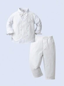 BOARNSEORL 3 件套年轻男孩绅士装：白色长袖蝴蝶结衬衫、白色背心和长裤，时尚帅气，适合生日派对、婚礼、周年庆典 - 白色 - 查看 3