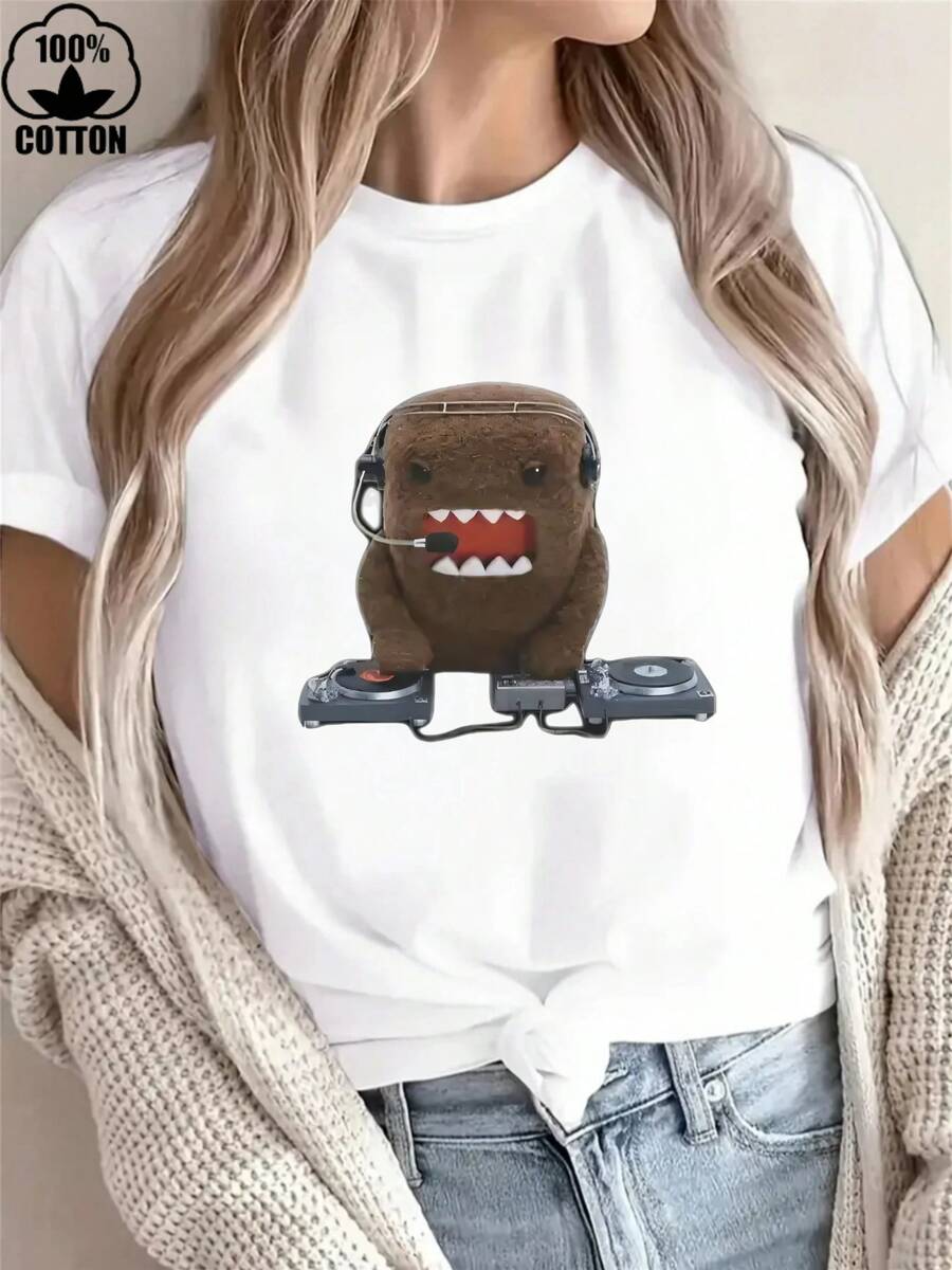 Happy Valentine'S Day Women's Dj Domo   T-Shirt, Women's 220g Round Neck Casual Heavy Pure Cotton T-Shirt (1 PC)