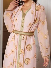 Women's Elegant Long Robe Dress, Sequin Embroidered Traditional Arabic Style - Pink - View 1