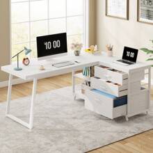 Tribesigns Reversible L-Shaped Desk With 3 Drawers, 53-Inch Home Office Desk, Industrial Corner Computer Desk With Shelves For Small Space - trắng - Xem 9
