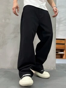 HEHCN 男士口袋阔腿宽松牛仔裤，黑色街头风格休闲裤，适合送给丈夫、男朋友的礼物 - 黑色 - 查看 5