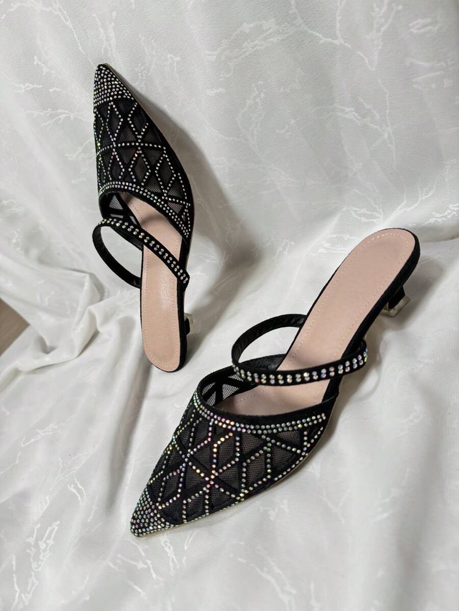 Eleganckie damskie buty na obcasie z siateczki z kryształkami, idealne na co dzień, minimalistyczne i modne - Czarne - Zobacz 1