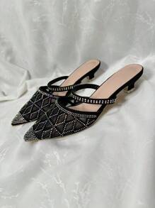 Eleganckie damskie buty na obcasie z siateczki z kryształkami, idealne na co dzień, minimalistyczne i modne - Czarne - Zobacz 5