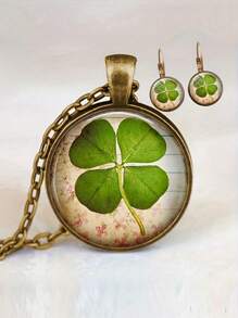 1 Set Vintage Fashion Time Gem Four Leaf Clover Glass Pendant Necklace Jewelry Set For Women - Multicolor - View 2