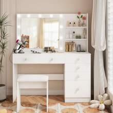 VOWNER Makeup Vanity Desk With Outlets, Large Mirror With Light Bulbs Color & Brightness Adjustable, 6 Drawers For Storage, Come With Stool, For Girls Women - Mặt bàn kính trắng - Xem 1
