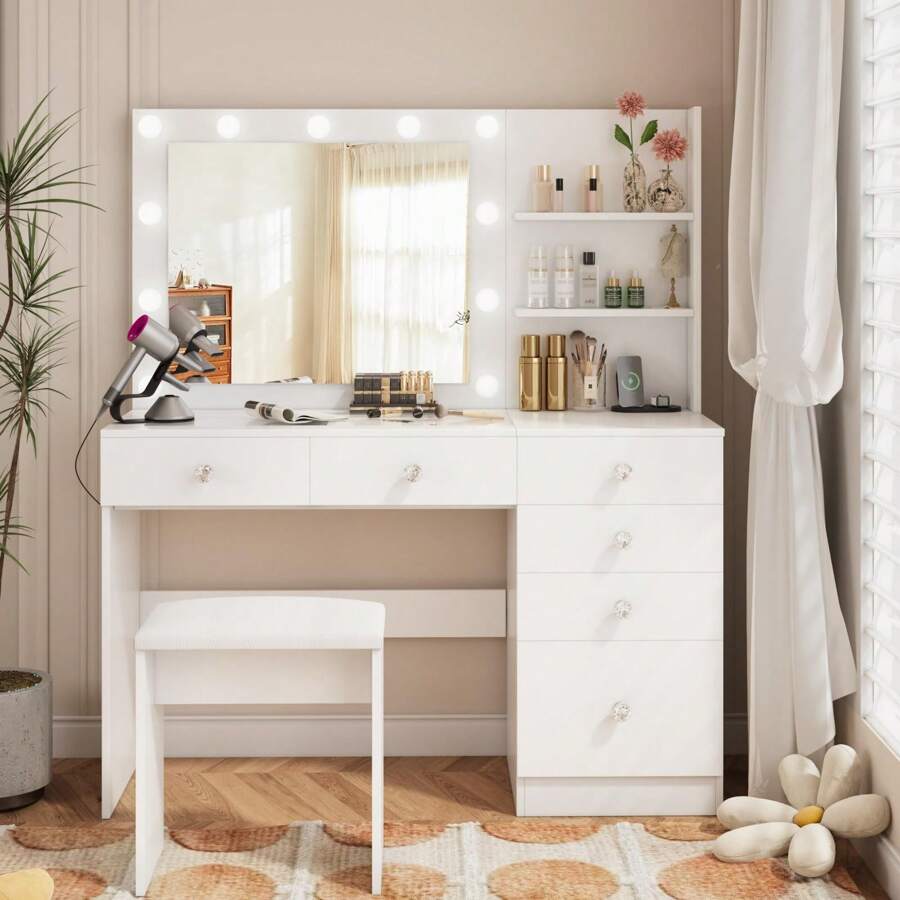 VOWNER Makeup Vanity Desk With Outlets, Large Mirror With Light Bulbs Color & Brightness Adjustable, 6 Drawers For Storage, Come With Stool, For Girls Women - Mặt bàn kính trắng - Xem 1
