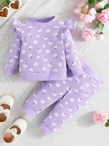 Baby Girl Floral Print Ruffle Trim Sweatshirt & Sweatpants - Mauve Purple - View 8