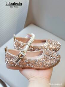 Nuove scarpe da principessa piatte per bambine con strass e perle, calzature versatili per feste, matrimoni e uso casual per bambini