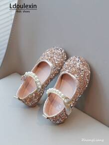 Nuove scarpe da principessa piatte per bambine con strass e perle, calzature versatili per feste, matrimoni e uso casual per bambini