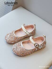 Nuove scarpe da principessa piatte per bambine con strass e perle, calzature versatili per feste, matrimoni e uso casual per bambini