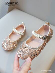 Nuove scarpe da principessa piatte per bambine con strass e perle, calzature versatili per feste, matrimoni e uso casual per bambini