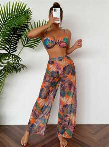 Tropical Print High Slit 3 Piece Bikini Set Summer Beach Cover Up - 橘色 - 查看 1