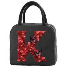Insulation Lunch Bag Aluminum Foil Bento Pack For Work Large Capacity Cooler Bags Women Handbag Red Rose Initial Letter A-Z Print Lunch Box Portable Thermal Picnic Food Bag