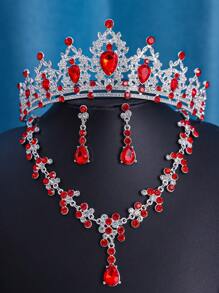 4件套欧美新娘红色水晶皇冠项链耳环头饰套装，巴洛克风格，适合舞会、派对、生日、婚礼等场合。 - 紅色 - 查看 4