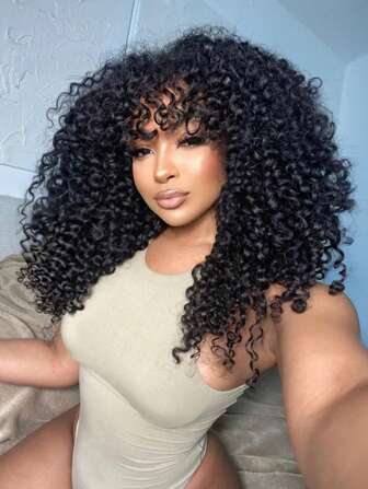 ISEE HAIR Afro Curly Human Hair Wigs Full Machine Made With Bangs Wig Human Hair Natural Color 180% 18-30 Inch Natural Looking Affordable For Women