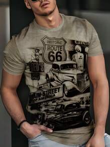 Camiseta de cuello redondo de manga corta con estampado gráfico de coche clásico "Ruta 66" para hombres, moda de verano