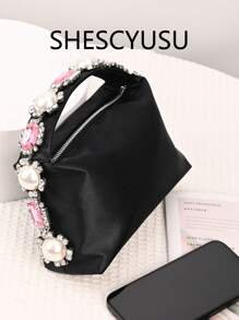 Bolsa de noite elegante para senhoras, bolsa de noite com strass em forma de lágrima de pérola falsa, bolsa de mão retrô de cetim, bolsa de festa de celebridades, leve e portátil, em formato de caixa de bento, corrente removível, adequada para uso diário ou festa à noite, bolsa para mulheres elegante, luxo