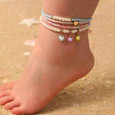 4 件/套女孩珍珠链串珠心形脚链套装