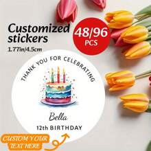 48/96 pezzi Adesivi personalizzati con nome, età, data di nascita, etichette per torte di compleanno personalizzate, borse regalo di felicitazioni, etichette per buste - Multicolore - Visualizzare 8