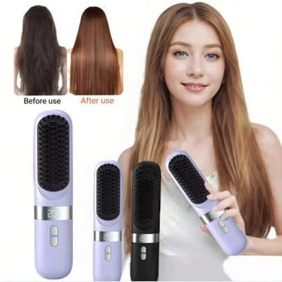 LUYAO Portable Hair Straightener Brush For Women,Cordless Straightening Brush,USB Rechargeable Small Mini Straightener Brush For Travel Home Lightweight & Anti-Scald