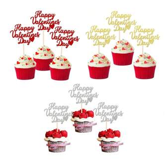 24pcs Happy Valentine's Day Cupcake Toppers Glitter Sweet Love Be Mine Valentines Cupcake Picks Valentine's Day Theme Birthday Party Cake Decorations Supplies