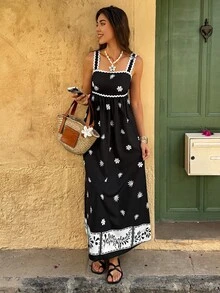 女士花卉印花拼布丝带假日吊带连衣裙