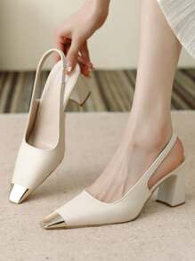 秋冬季女士法式闭趾凉鞋，新款夏季粗跟方头后跟带设计鞋，优雅派对鞋 - 白色 - 查看 1