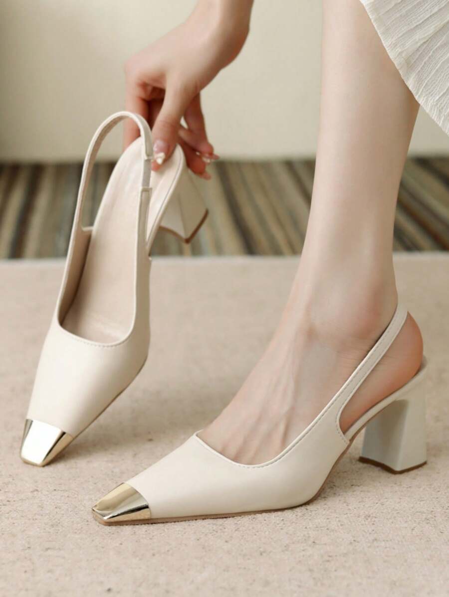 秋冬季女士法式闭趾凉鞋，新款夏季粗跟方头后跟带设计鞋，优雅派对鞋 - 白色 - 查看 1