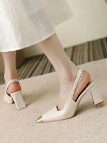 秋冬季女士法式闭趾凉鞋，新款夏季粗跟方头后跟带设计鞋，优雅派对鞋 - 白色 - 查看 5
