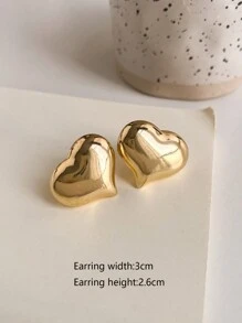 一对厚实金属心形耳钉，个性化金/银合金纹理，时尚欧美风格情人节耳环 - 銀色 - 查看 4
