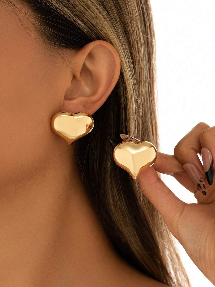 一对厚实金属心形耳钉，个性化金/银合金纹理，时尚欧美风格情人节耳环 - 銀色 - 查看 1