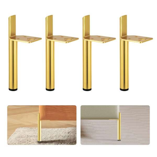 YUNRUX 4 Pieces Furniture Feet Steel Table Legs, Cabinet Legs, Cone Furniture Legs Gold 15 Cm