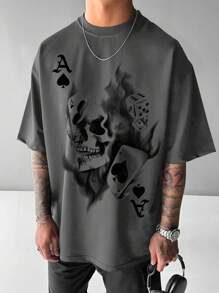 Plus Size Men's Skull & Playing Card Graphic Round Neck Short Sleeve Casual T-Shirt