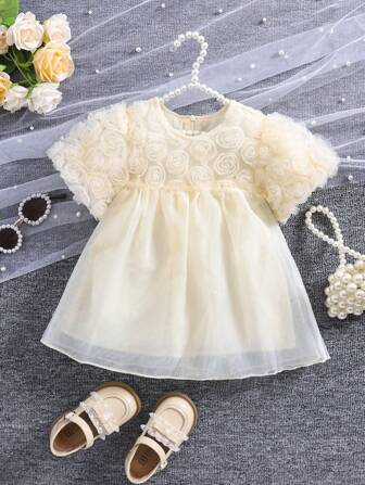 1 件女婴蕾丝网纱 3D 玫瑰花裙、气球袖宽松连衣裙、夏日派对结婚周年纪念礼物