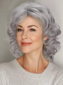 Women's Synthetic Wig With Bangs Gray Middle-Aged And Elderly Short Curly Hair, Suitable For Daily Wear,Role Playing Classic And Fashionable Curly Wig With Bangs