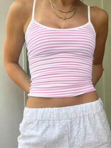 2025 Y2K Women's Cropped Cami Tops Sleeveless Open Back Slim Fit Solid Color/Stripe Print Tank Tops - Pink - View 3