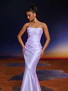 Anymoon 3D Hand Floral Ruffle Trim Mermaid Bridesmaid Dress - Purple - View 5