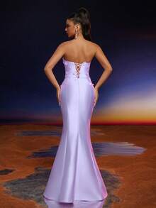 Anymoon 3D Hand Floral Ruffle Trim Mermaid Bridesmaid Dress - Purple - View 2