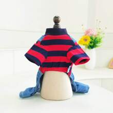 Salopette en denim bleu clair rayé pour animaux de compagnie, combinaison pour chiens et chats - Rouge - Voir 5
