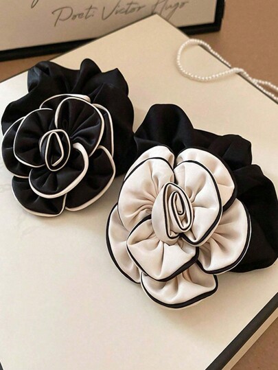 1pc Oversized Sweet Floral Scrunchie, High-End Satin Hair Tie Ponytail Holder, Gift For Women On Valentine's Day, Hair Accessory ,Hair Accessories, Scrunchy Hair Ties