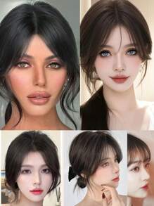 1 件女士优雅自然黑色和深棕色夹式刘海，松散卷曲高温合成假发，蓬松侧刘海，适合派对和日常外出，派对发饰 | 侧刘海片 | 自然造型假发 - 黑色 - 查看 6